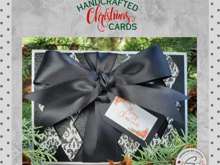 Elegant Handmade Merry Christmas Card | 5x7 - Black Satin Bow, Silver Glitter, Damask Pattern, Luxury Holiday Greeting, Unique Custom Design Hot on Sale