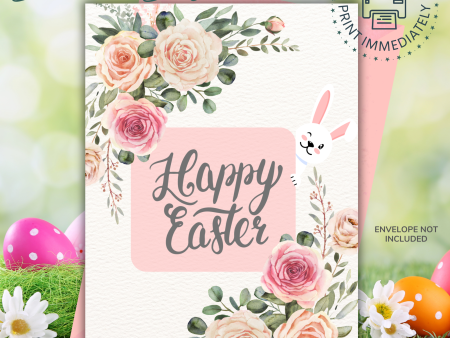 Elegant Custom Designed 5 x 7 Printable Greeting Card - Floral Design of Pink and Beige Roses adorned with  Happy Easter  - Instant Download For Sale