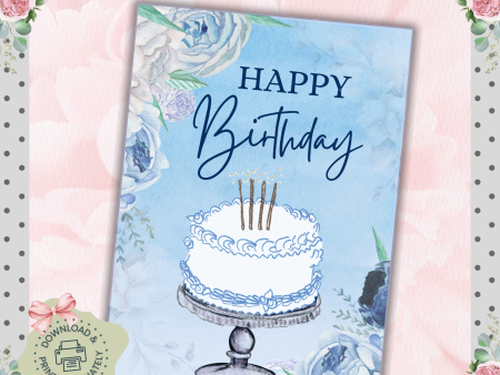 Blue Floral Birthday Card 5x7 | Printable Birthday Card | Watercolor Cake Design | Fits A7 Envelope | Digital Download | Print at Home Sale