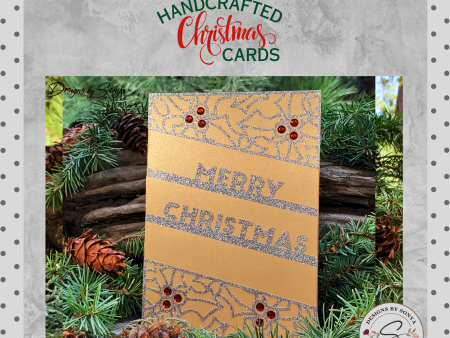 Handcrafted Gold Glitter Merry Christmas Card with Red Gem Accents | Unique Holiday Greeting Card | Elegant Christmas Card for Loved Ones Fashion