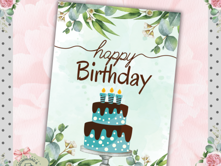 Green & Blue Birthday Card 5x7 | Printable Birthday Card | Eucalyptus Cake Design | A7 Envelope Included | Digital Download Sale