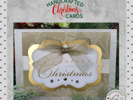 LIMITED EDITION | Elegant Handmade Merry Christmas Card | Luxury Holiday Greeting Gold Accents, Sheer Ribbon Bow, Rhinestones, Unique Design Online Hot Sale