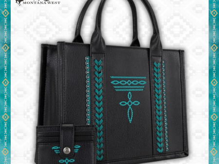 Montana West Whipstitch Concealed Carry Tote with Matching Bi-Fold Wallet | MW1124-H8120SW | Black with Turquoise Online now