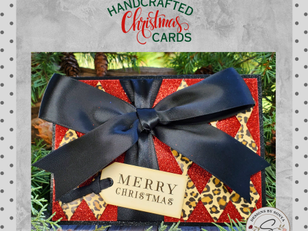 Custom Designed Elegantly Wild | 5  x 7  Leopard and Red Glitter Christmas Card | 1-1 2  Hand Tied Black Satin Bow | Merry Christmas Tag | Unique Keepsake Sale