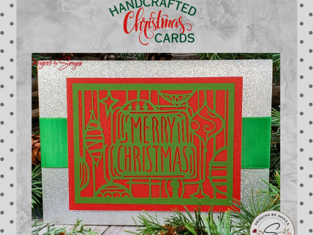 Elegant Laser Cut Merry Christmas Card | Handmade 5x7 Holiday Greeting | Silver Glitter, Green & Red Cutout | Unique Keepsake Christmas Card Supply