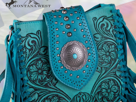 Montana West Turquoise Hand-Tooled Floral Crossbody Fringe Purse with Concealed Carry | Turquoise | MW1249-8360TQ For Discount