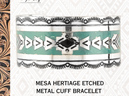 Mesa Heritage Etched Metal Cuff Southwestern Tribal Bracelet | Silver, Turquoise and Black | Myra Bags | S-8280 Discount