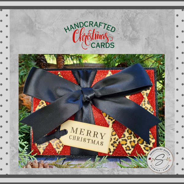 Luxury Handcrafted Christmas Card - Leopard Print & Glitter with Satin Bow | Unique Merry Christmas Card | Fabulous Holiday Greeting Discount