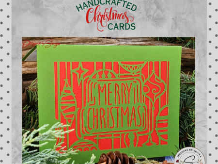 Elegant Merry Christmas Card | Handcrafted A2 - 4.25 x5.5  | Unique Green and Red Laser Cut | Festive Holiday Season s Greetings Card For Sale