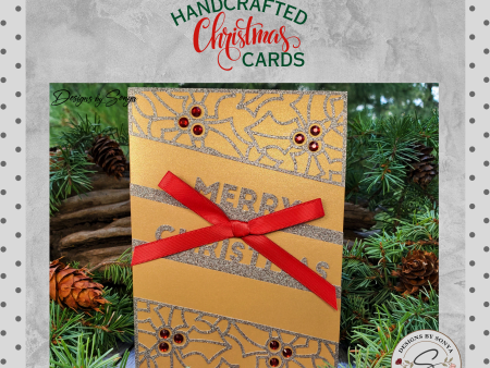 Handcrafted Unique Shimmering Gold and Silver Glitter 5  x7  Christmas Card | Laser Cut Holly with Red Rhinestones | 3 8  Hand Tied Red Bow on Sale