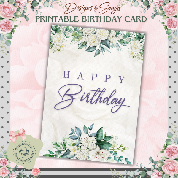 Elegant Floral Birthday Card 5x7 | Printable Birthday Card | Fits A7 Envelope | Custom Insert Message | Digital Download Fashion