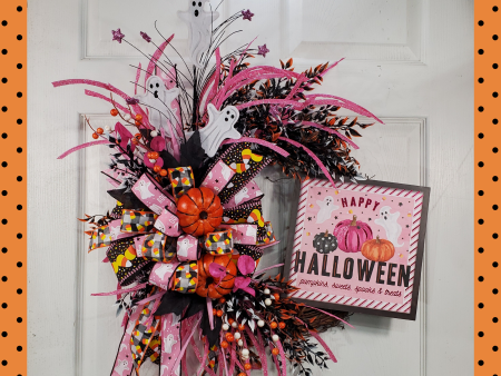 Whimsical Halloween Door Grapevine Wreath | Fun Ghost & Pumpkin Decor | Front Door Wreath | Spooky Entryway Decoration | Pink Door Hanger Fashion