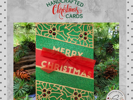 Elegant Green Glitter Merry Christmas Card | A7 5 x7  Festive Holiday Card | Handcrafted Greeting Card with Laser Cut Poinsettias and Ribbon Discount