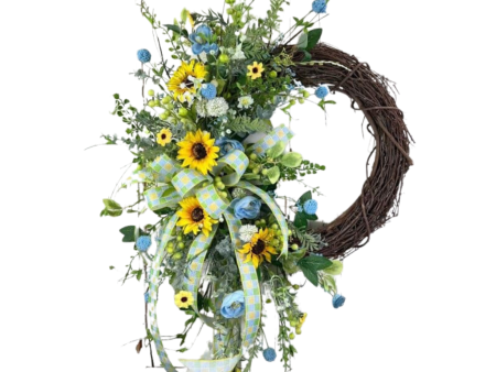 Sunny Day Delight Grapevine Wreath for Front Door | Blue & Yellow Sunflowers on Grapevine | Made to Order Online