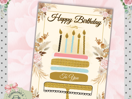 Elegant Gold & Floral Birthday Card 5x7 | Printable Birthday Card | Fits A7 Envelope | Custom Insert Message | Digital Download | Print at Home For Sale